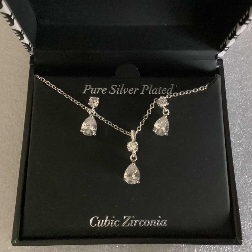 Sparkle Allure Pure Silver Plated Cubic Zirconia Earrings and Necklace Set
